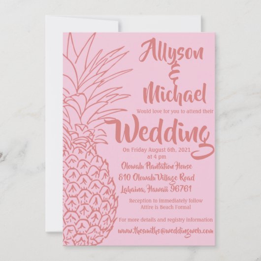 Roze en rode anananas Beach Wedding Invitation Kaart (Voorkant)