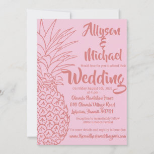 Roze en rode anananas Beach Wedding Invitation Kaart