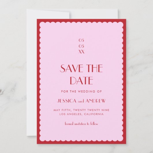 Roze en rode avy foto retro Seventies Weddenschap Save The Date (Voorkant)
