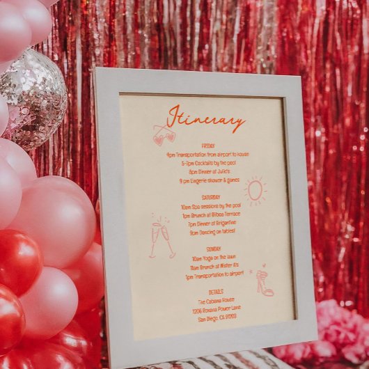 Roze en Rode Bachelorette-weekend Itinerarium Bord Poster