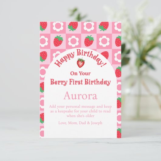 Roze en rode bessen eerste verjaardag Kaart – Keep (Staand voorkant)