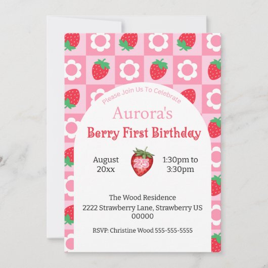 Roze en rode bessen eerste verjaardagsfeestje uitn kaart (Voorkant)