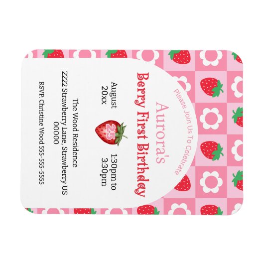 Roze en rode bessen eerste verjaardagsfeestje uitn magneet (Horizontaal)