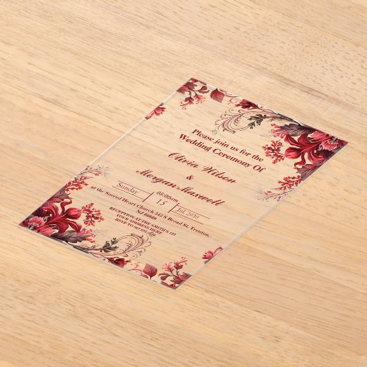 Roze en rode bloemen acryl bruiloft uitnodigingen (Laagn)