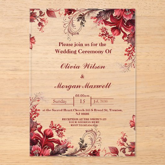 Roze en rode bloemen acryl bruiloft uitnodigingen (Voorkant)
