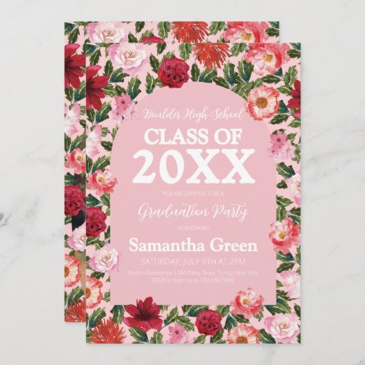 Roze en rode bloemen Afstuderen Kaart (Voorkant / Achterkant)