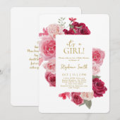 Roze en Rode Bloemen Baby shower Meisje Invitation Kaart (Voorkant / Achterkant)