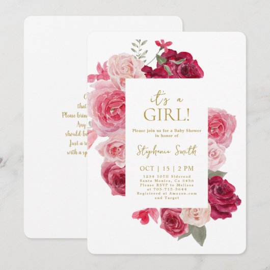 Roze en Rode Bloemen Baby shower Meisje Invitation Kaart (Voorkant / Achterkant)