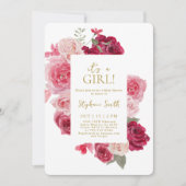 Roze en Rode Bloemen Baby shower Meisje Invitation Kaart (Voorkant)
