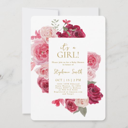 Roze en Rode Bloemen Baby shower Meisje Invitation Kaart (Voorkant)