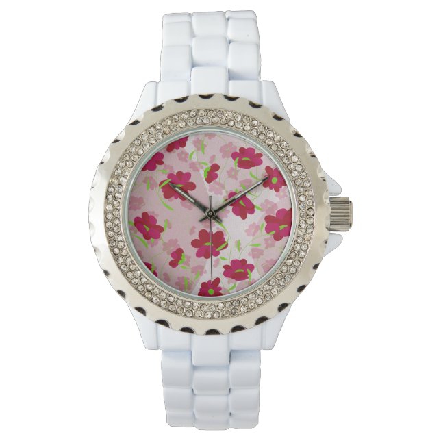 Roze en rode bloemen - Bloemen Horloge (Voorkant)