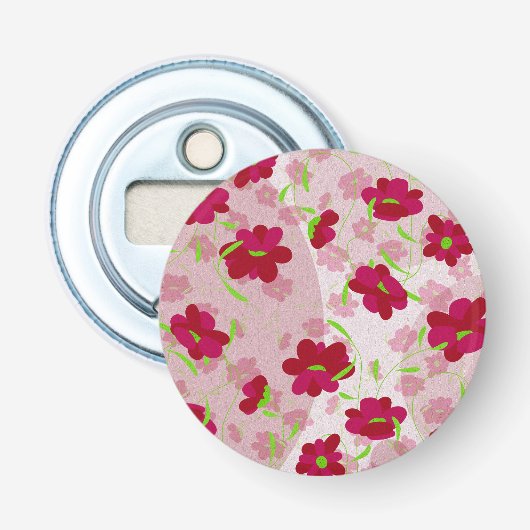 Roze en Rode Bloemen - Bloemmotief Button Flesopener (Voorkant)
