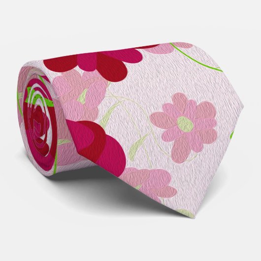Roze en Rode Bloemen - Bloemmotief Stropdas (Opgerold)