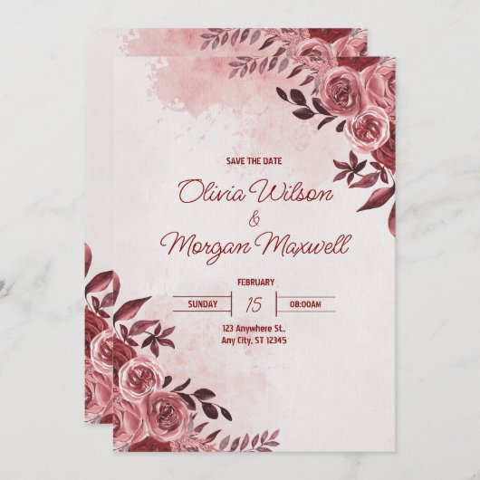 Roze en rode bloemen bruiloft uitnodiging (Voorkant / Achterkant)
