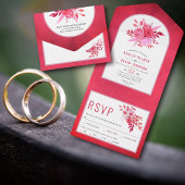 Roze en rode bloemen en bruiloft met boog all in one uitnodiging