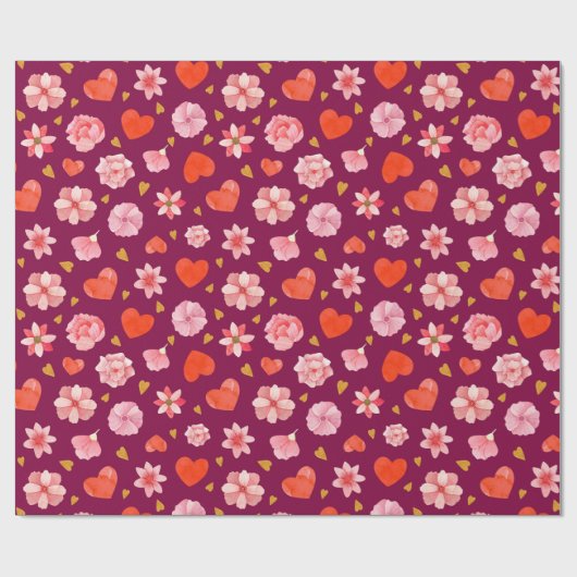 Roze en rode bloemen en harten cadeaupapier (Vlak)