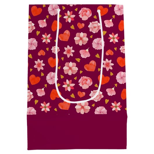 Roze en rode bloemen en harten medium cadeauzakje (Achterkant)