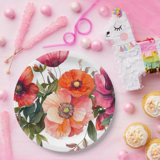 Roze en Rode Bloemen Feesttafel Papieren Bordje (Feest)