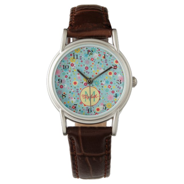 Roze en Rode Bloemen op Blauwgroen Monogram Horloge (Voorkant)