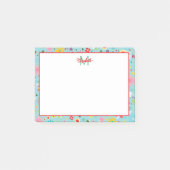 Roze en Rode Bloemen op Blauwgroen Monogram Post-it® Notes (Voorkant)