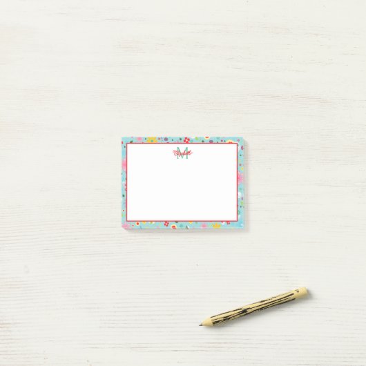 Roze en Rode Bloemen op Blauwgroen Monogram Post-it® Notes (Op bureau)