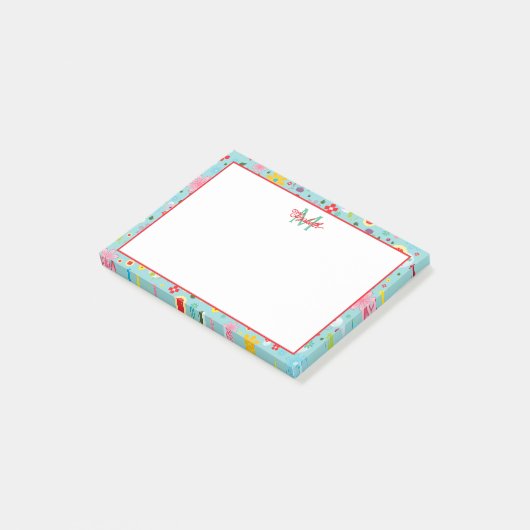 Roze en Rode Bloemen op Blauwgroen Monogram Post-it® Notes (Schuin)