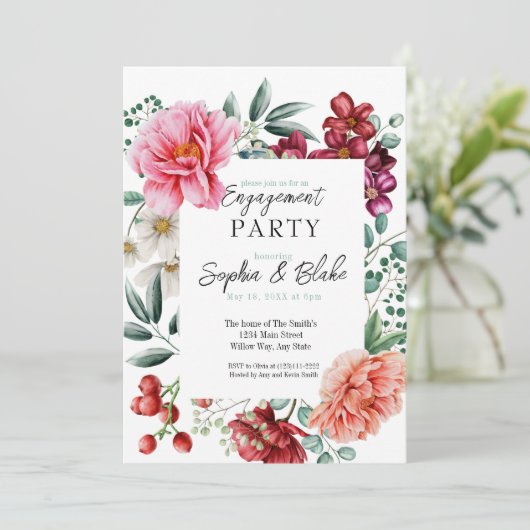 Roze en rode bloemen | White Engagement Party Kaart (Staand voorkant)