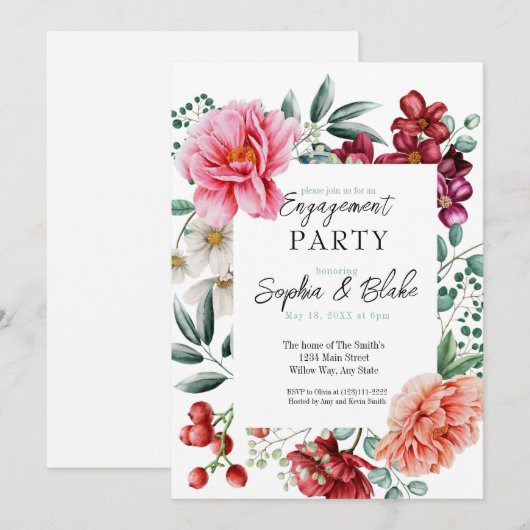 Roze en rode bloemen | White Engagement Party Kaart (Voorkant / Achterkant)
