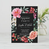 Roze en rode bloemen | Zwarte Engagement Party Kaart (Staand voorkant)