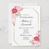 Roze en rode bloemenbruiloft spaans kaart (Voorkant)