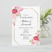 Roze en rode bloemenbruiloft spaans kaart (Staand voorkant)