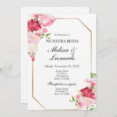 Roze en rode bloemenbruiloft spaans kaart (Voorkant / Achterkant)