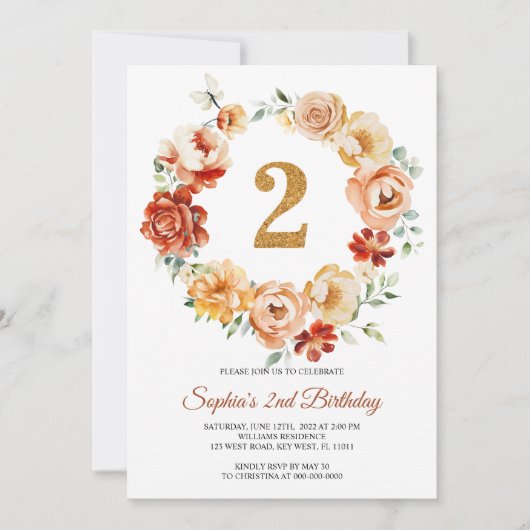 Roze en rode bloemenkrans 2e verjaardag kaart (Voorkant)