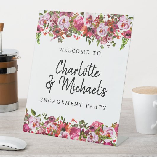 Roze en rode bloemrijke verlovingsfeest begrroetin reclamebord met voetstuk (Insitu)