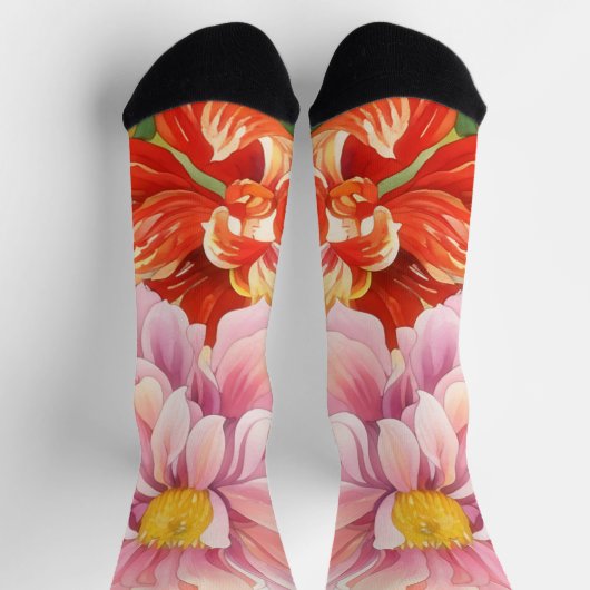 Roze en Rode Dahlia Bloemen Floral Art Sokken (Top)