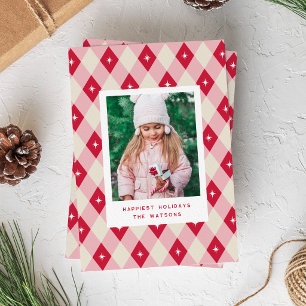 Roze en Rode Diamant Patroon Kerst Foto Feestdagenkaart