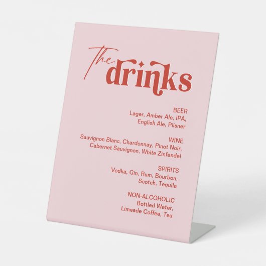 Roze en Rode Drink Menu Bruiloft Bar Reclamebord Met Voetstuk (Voorkant)