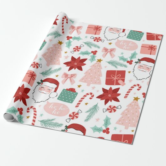 Roze en rode feestdag kerstinslag cadeaupapier (Uitgerold)