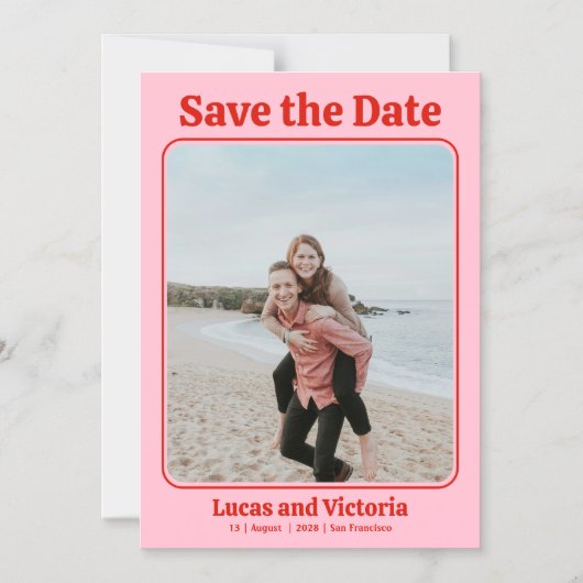 Roze en rode foto bruiloft Bewaar de datum Magnetische Uitnodiging (Voorkant)