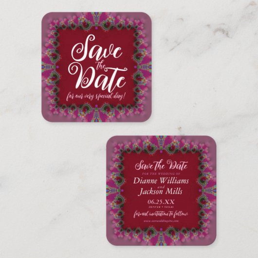 Roze en rode fractale gelaatspoeling Sla de datumk Vierkante Visitekaartje (Voorkant / Achterkant)