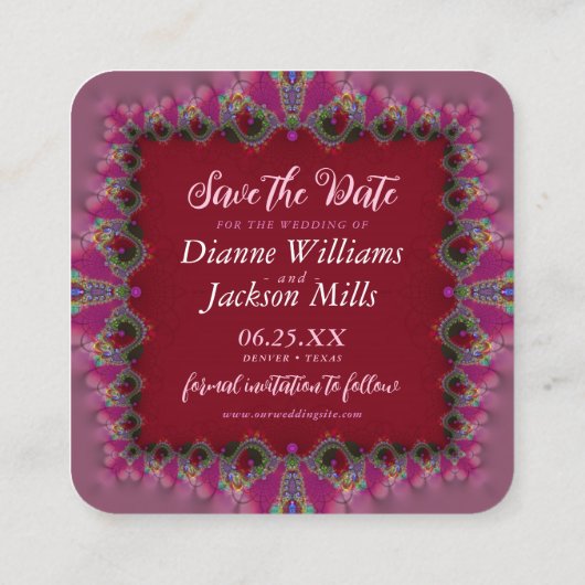 Roze en rode fractale gelaatspoeling Sla de datumk Vierkante Visitekaartje (Achterkant)