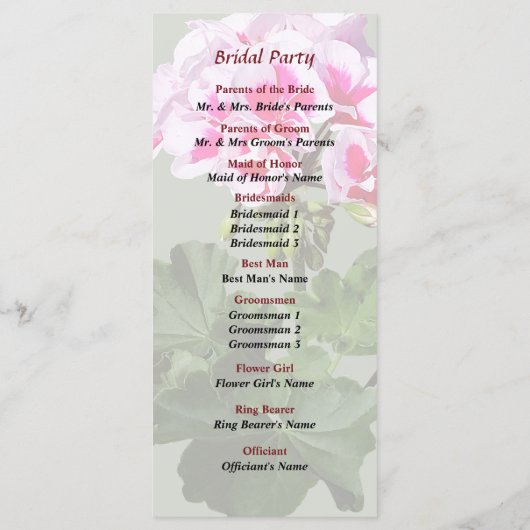 Roze en Rode Geranium Trouwprogramma Programmakaart (Achterkant)