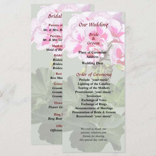 Roze en Rode Geranium Trouwprogramma Programmakaart (Voorkant / Achterkant)