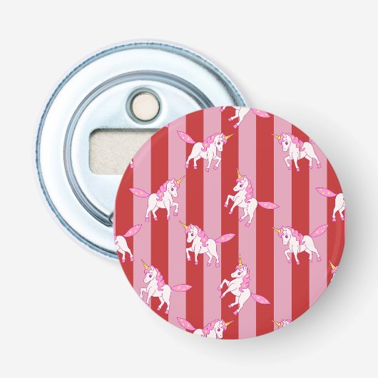 Roze en rode gestreepte eenhoorn button flesopener (Voorkant)