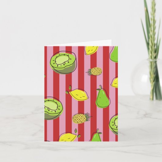 Roze en rode gestreepte kaart met fruitpatroon (Voorkant)