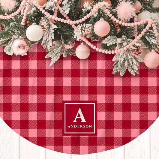 Roze en rode Gingham plaid Monogram Kerstboom Rok