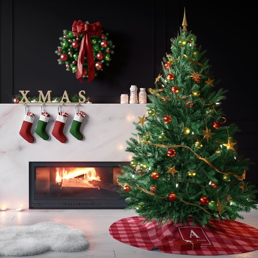 Roze en rode Gingham plaid Monogram Kerstboom Rok