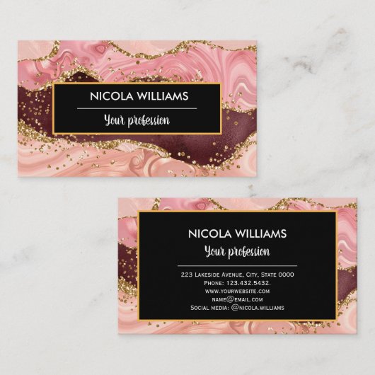 Roze en rode glitter marmer Agate Visitekaartje (Voorkant / Achterkant)