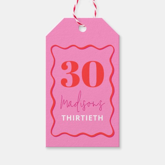 Roze en Rode golvende grens 30ste verjaardagsfeest Cadeaulabel (Voorkant)