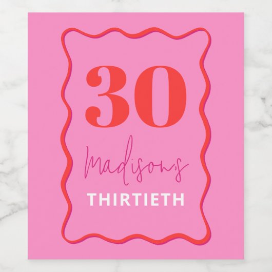 Roze en Rode golvende grens 30ste verjaardagsfeest Wijn Etiket (Enkel label)